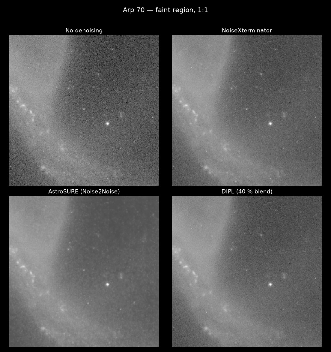 Arp 70 faint region compared across four denoising strategies