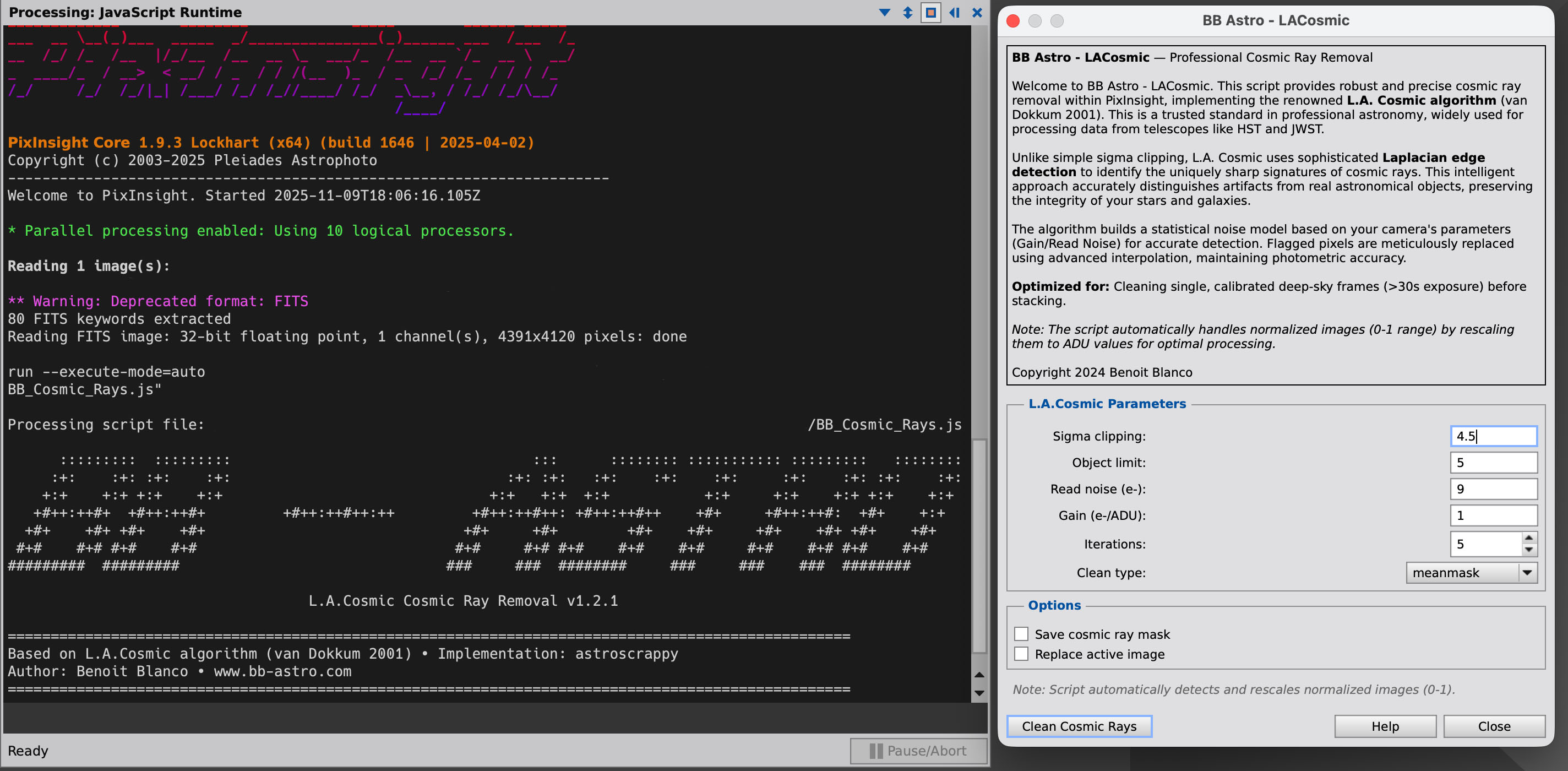 LACosmic PixInsight module interface