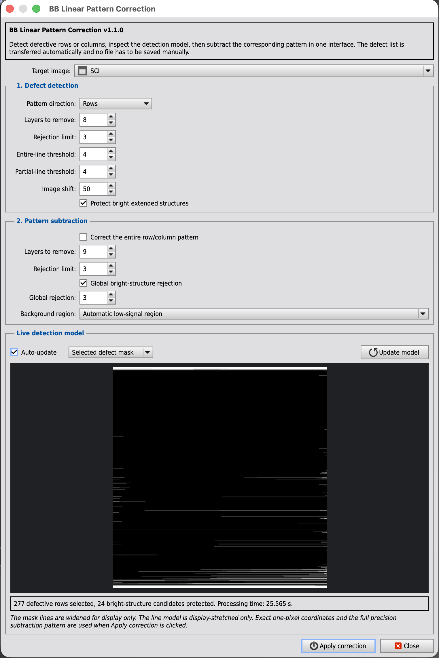 BB Linear Pattern Correction 1.1.0 interface showing defect detection, subtraction settings, bright-structure protection and the selected-defect mask